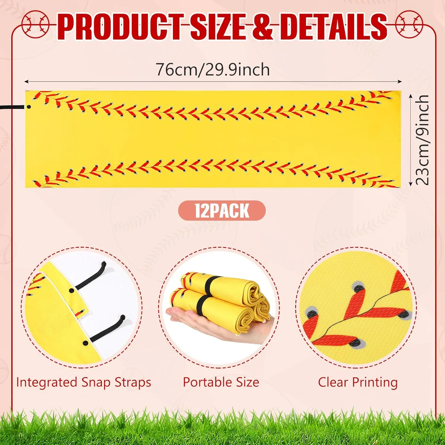 12 Pcs Mini Softball Cooling Towel with Snap Loop, 30" x 9" Cooling Towel for Neck and Face Breathable Chilly, Microfiber Sport Rags for Softball Team Gift, Cold Sweat Rag for Sport