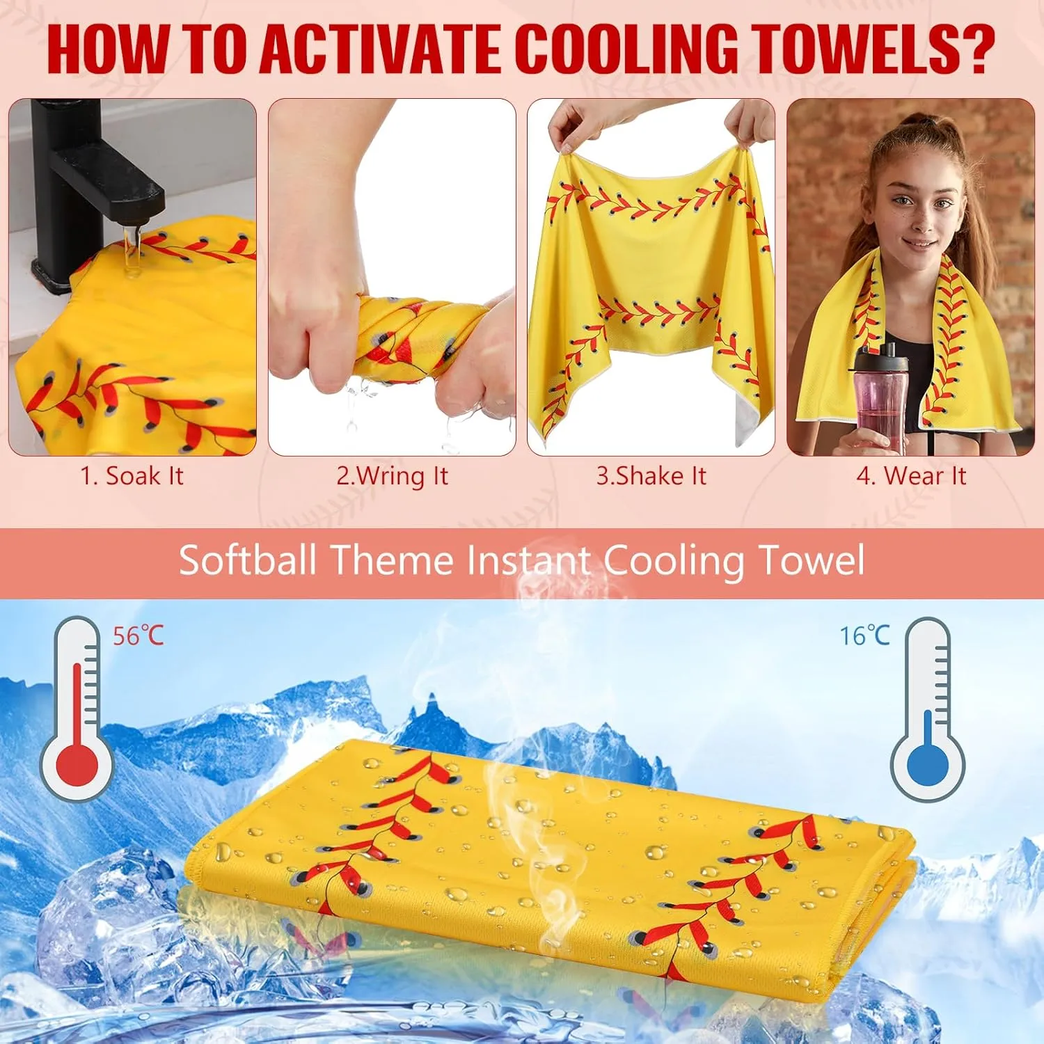 12 Pcs Mini Softball Cooling Towel with Snap Loop, 30" x 9" Cooling Towel for Neck and Face Breathable Chilly, Microfiber Sport Rags for Softball Team Gift, Cold Sweat Rag for Sport