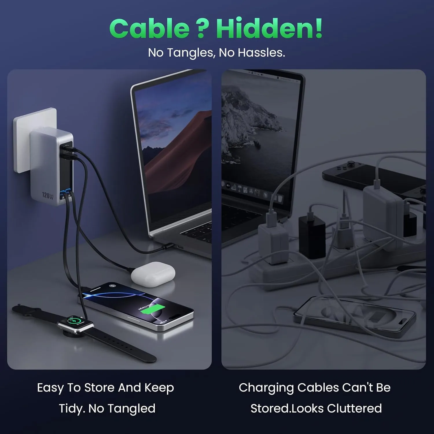 120W USB C Charger Block with 2 Built-in Retractable Cables,4-in-1 GaN IV Foldable Plug Wall Charger Fast Charging Station,PD 65W Laptop Adapter for Macbook/iPad,iPhone 16/15/14,Galaxy S24,Android etc