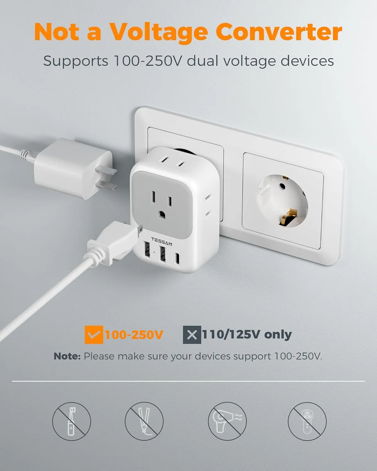 2 Pack European Travel Plug Adapter USB C, TESSAN US to Europe Plug Adapter with 4 Outlets 3 USB Charger, Type C Power Adaptor to Italy Spain France Portugal Iceland Germany, White Gray