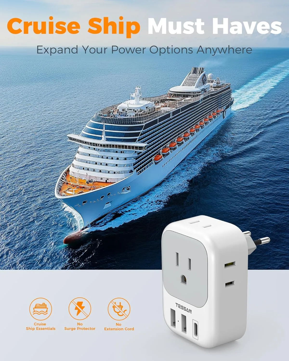 2 Pack European Travel Plug Adapter USB C, TESSAN US to Europe Plug Adapter with 4 Outlets 3 USB Charger, Type C Power Adaptor to Italy Spain France Portugal Iceland Germany, White Gray
