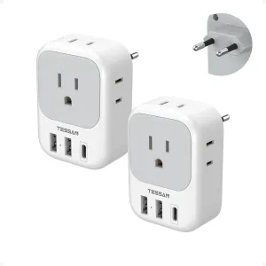 2 Pack European Travel Plug Adapter USB C, TESSAN US to Europe Plug Adapter with 4 Outlets 3 USB Charger, Type C Power Adaptor to Italy Spain France Portugal Iceland Germany, White Gray