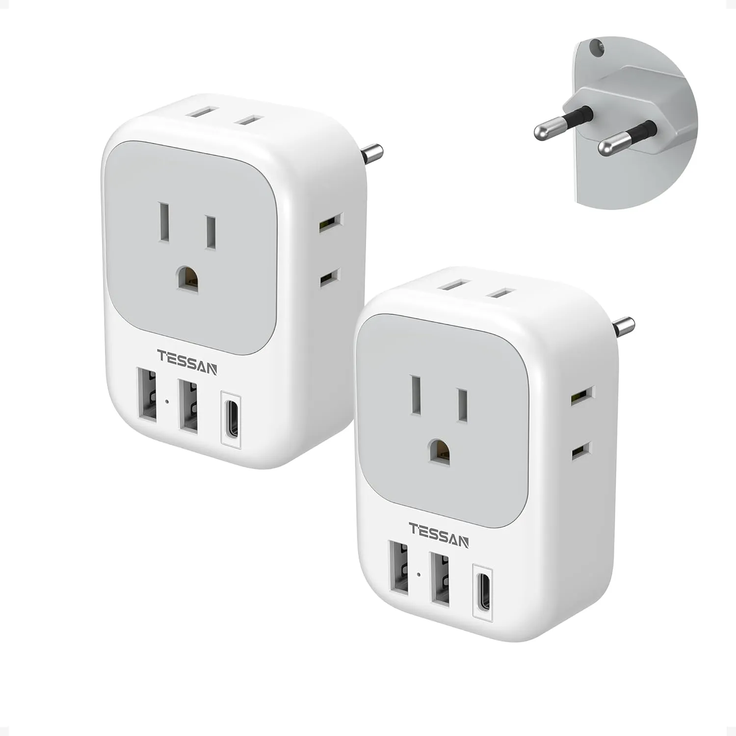 2 Pack European Travel Plug Adapter USB C, TESSAN US to Europe Plug Adapter with 4 Outlets 3 USB Charger, Type C Power Adaptor to Italy Spain France Portugal Iceland Germany, White Gray