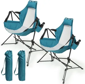 2 Set of Hammock Camping Chair,Folding Portable Rocking Chair, Aluminum Alloy Adjustable Back Swinging Chair with Pillow Cup Holder, Recliner with Carry Bag for Outdoor Travel Lawn Backyard (Blue)