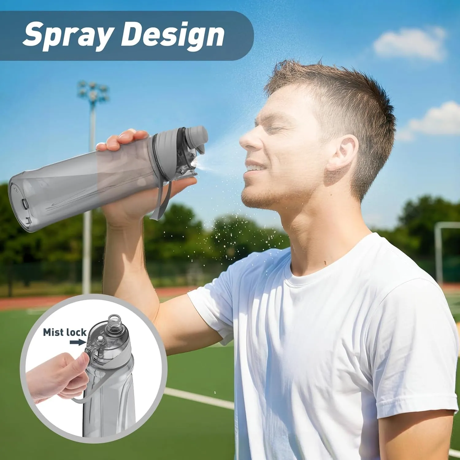 32OZ Misting Water Bottle, 2-in-1 Mist and Sip Water Bottles, Mist Water Bottle for Drinking, Great for Hiking/Running/Outdoor Activity, BPA-Free & Leakproof, Grey