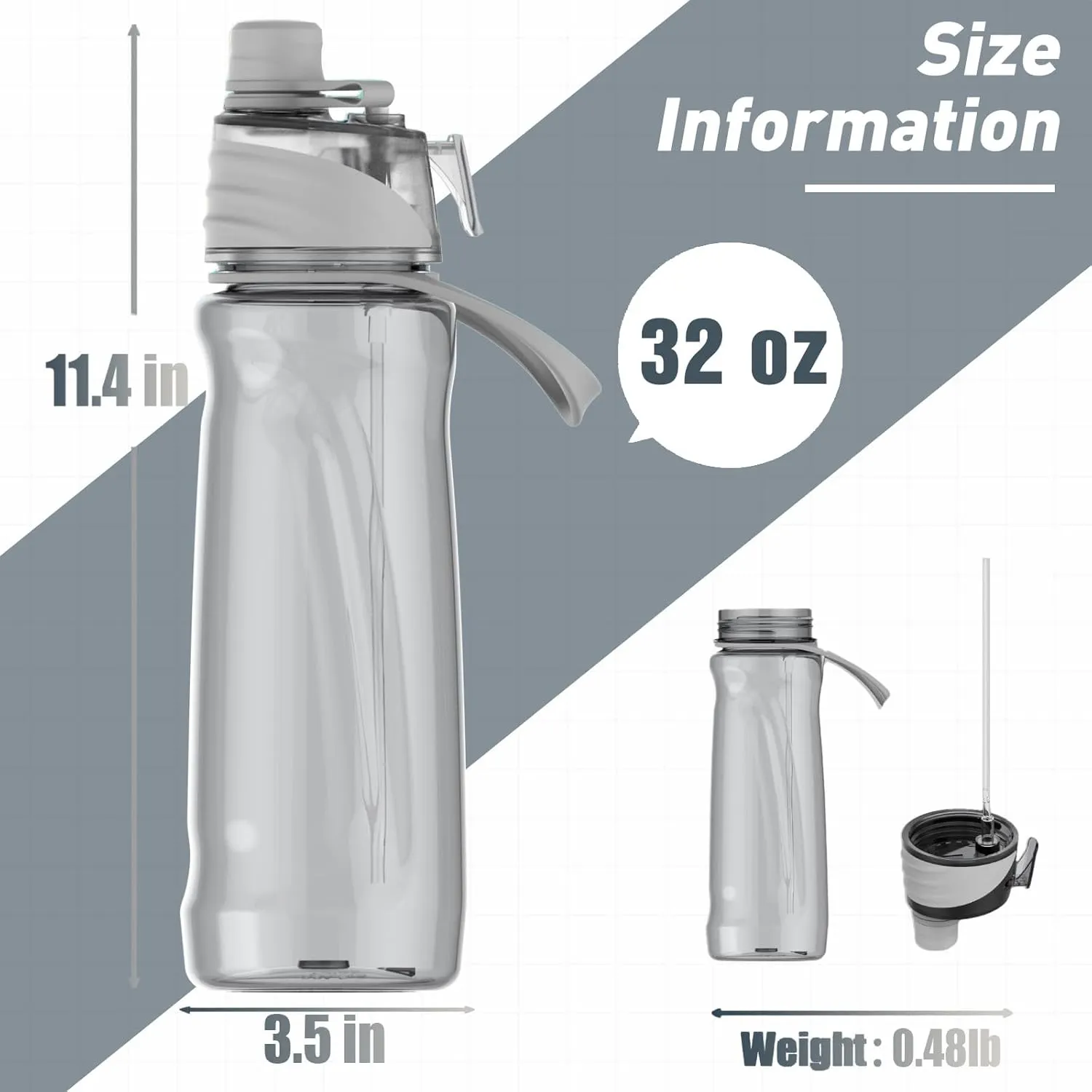 32OZ Misting Water Bottle, 2-in-1 Mist and Sip Water Bottles, Mist Water Bottle for Drinking, Great for Hiking/Running/Outdoor Activity, BPA-Free & Leakproof, Grey