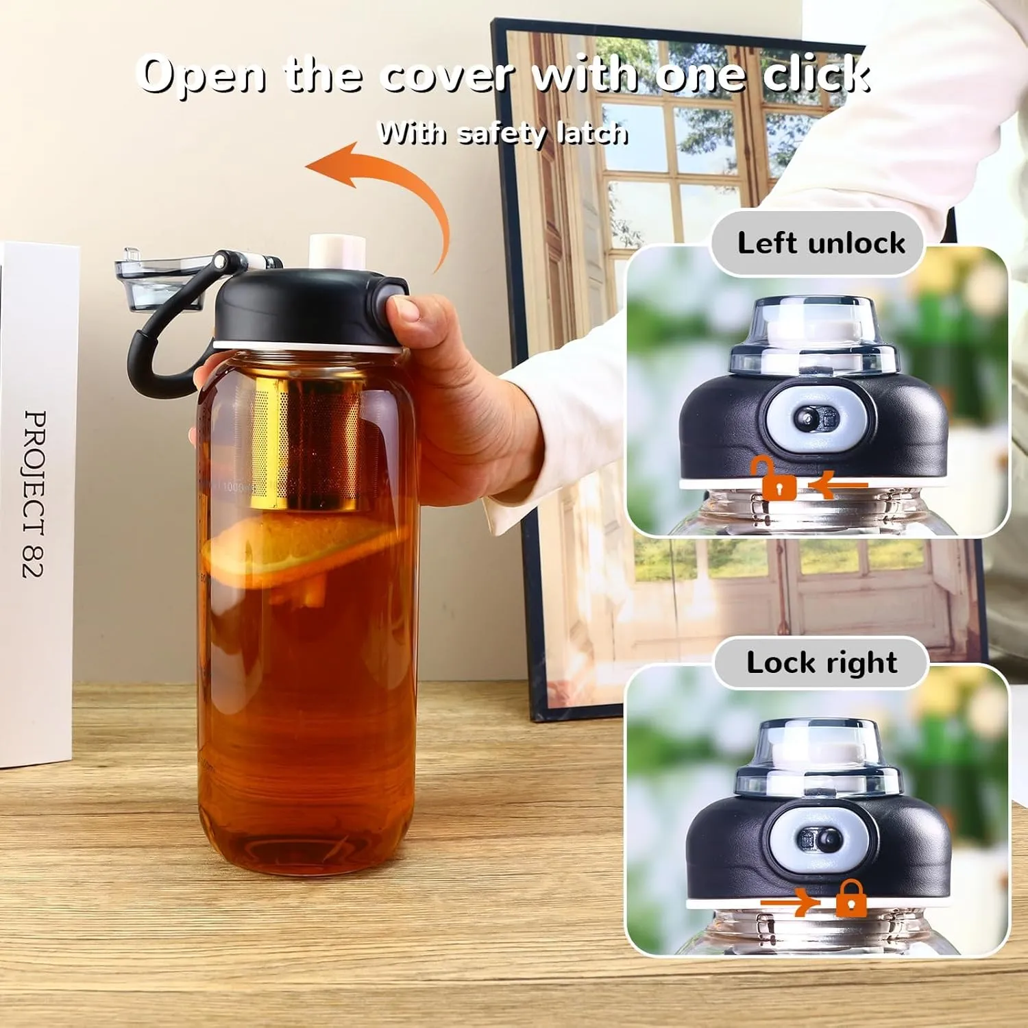 34oz Glass Water Bottle with capacity Mark & Stainless Steel Tea Strainer-Large Capacity for Hot/Cold Drinks,Coffee,Tea,and Water-Includes Protective Sleeve,Perfect for Home,Office (34oz2PCS)