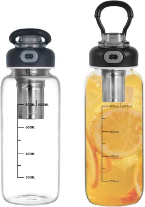 34oz Glass Water Bottle with capacity Mark & Stainless Steel Tea Strainer-Large Capacity for Hot/Cold Drinks,Coffee,Tea,and Water-Includes Protective Sleeve,Perfect for Home,Office (34oz2PCS)