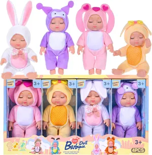 4 Pcs 7 Inch Baby Dolls with Adorable Animal-Themed Outfits - Cute PVC Infant Figurines Set in Yellow Chick, White Bunny, Pink Bunny & Purple Koala Costumes - Gift for Girls 3 