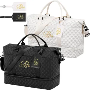4 Pcs Mr and Mrs Duffel Bag Set Include 2 Honeymoon Travel Weekender Gym Bags with Shoe Compartment and 2 Luggage Tags for Wedding Bridal Shower Honeymoon Gift