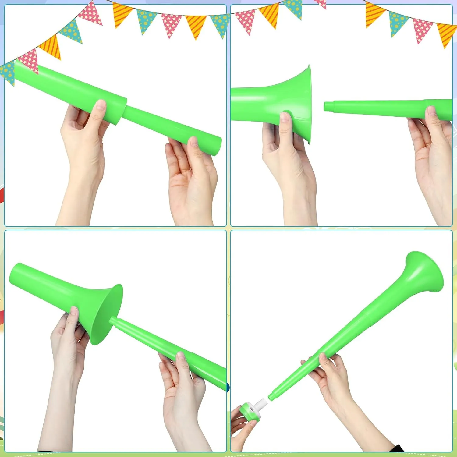 4 Pcs Stadium Horn 21 Inch Vuvuzela Plastic Collapsible Cheering Trumpets for Sporting Events Football Carnival St Patricks Day Party Supplies, Green