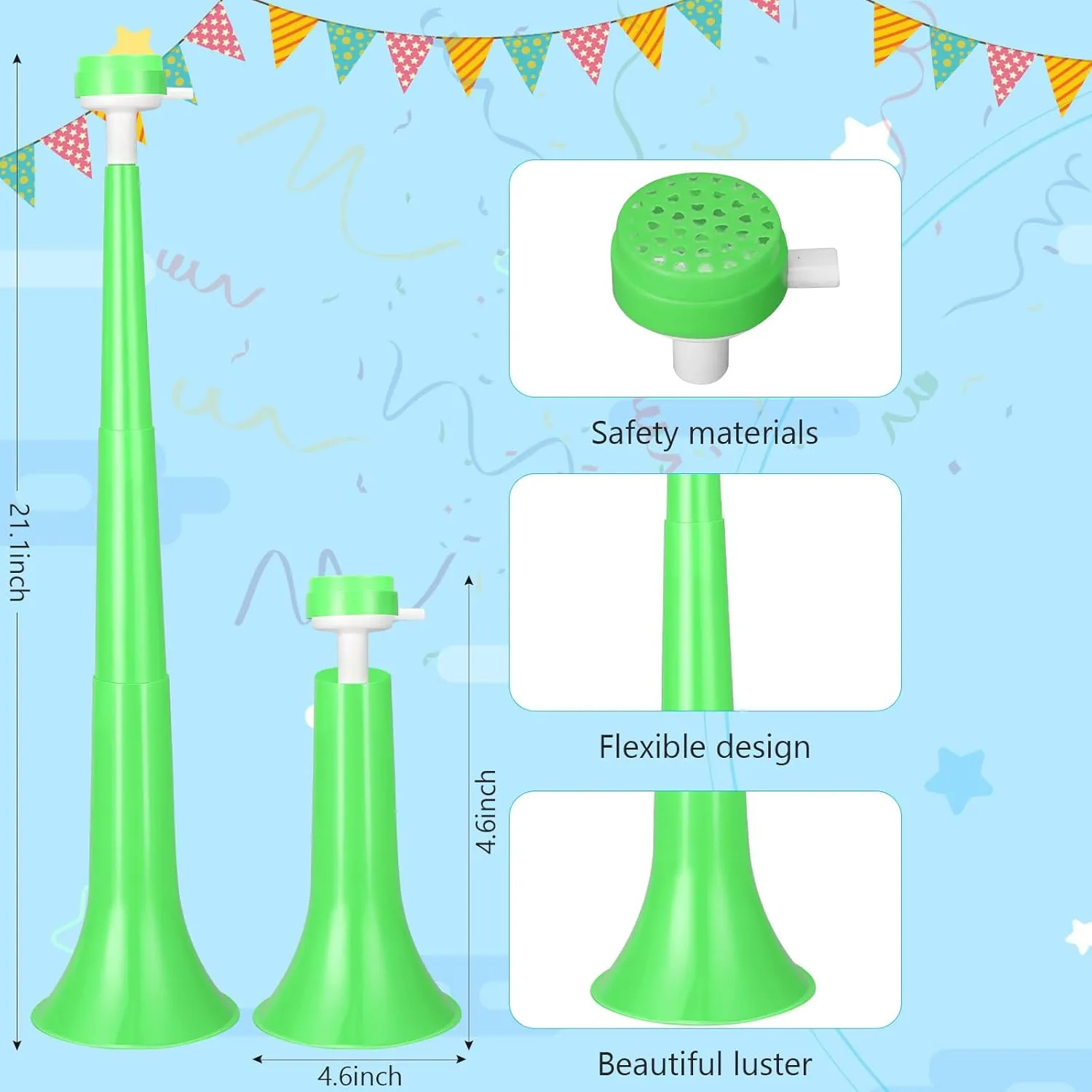 4 Pcs Stadium Horn 21 Inch Vuvuzela Plastic Collapsible Cheering Trumpets for Sporting Events Football Carnival St Patricks Day Party Supplies, Green