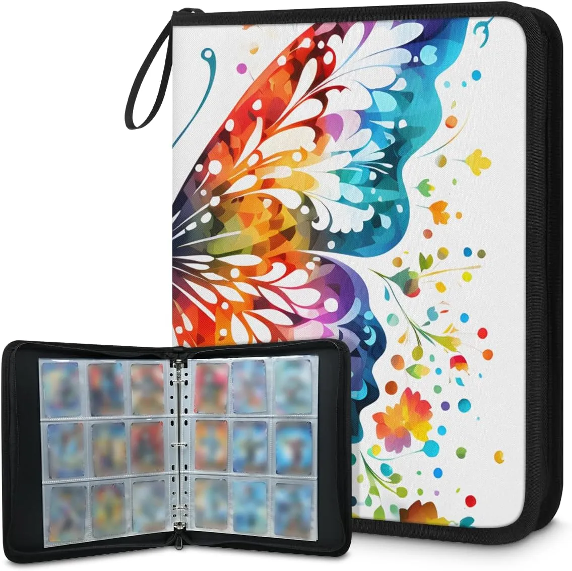 4 Pocket Card Binder, Abstract Butterfly 400 Pockets Collector Album with Zipper Trading Card Binder, Oil Painting Butterfly Double Sided Pocket Collection Binder