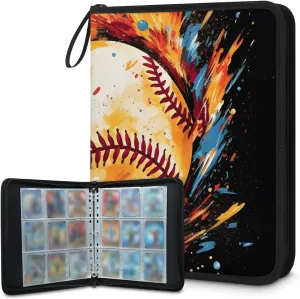 4 Pocket Card Binder, Baseball Colorful Ball 400 Pockets Collector Album with Zipper Trading Card Binder, Double Sided Pocket Collection Binder