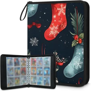 4 Pocket Card Binder, Christmas Stocking 400 Pockets Collector Album with Zipper Trading Card Binder, Colorful Floral Double Sided Pocket Collection Binder