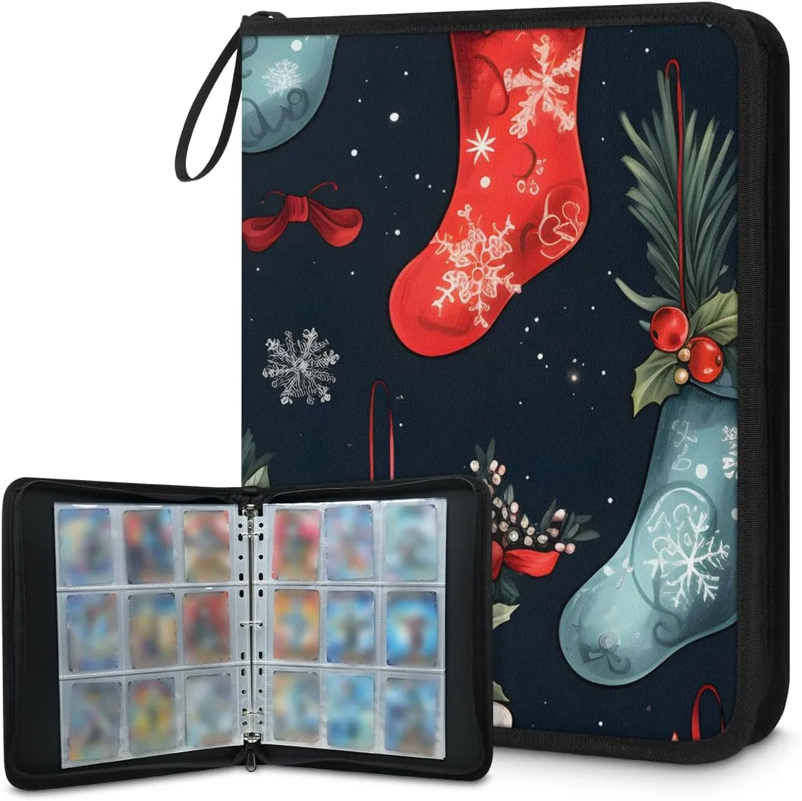 4 Pocket Card Binder, Christmas Stocking 400 Pockets Collector Album with Zipper Trading Card Binder, Colorful Floral Double Sided Pocket Collection Binder