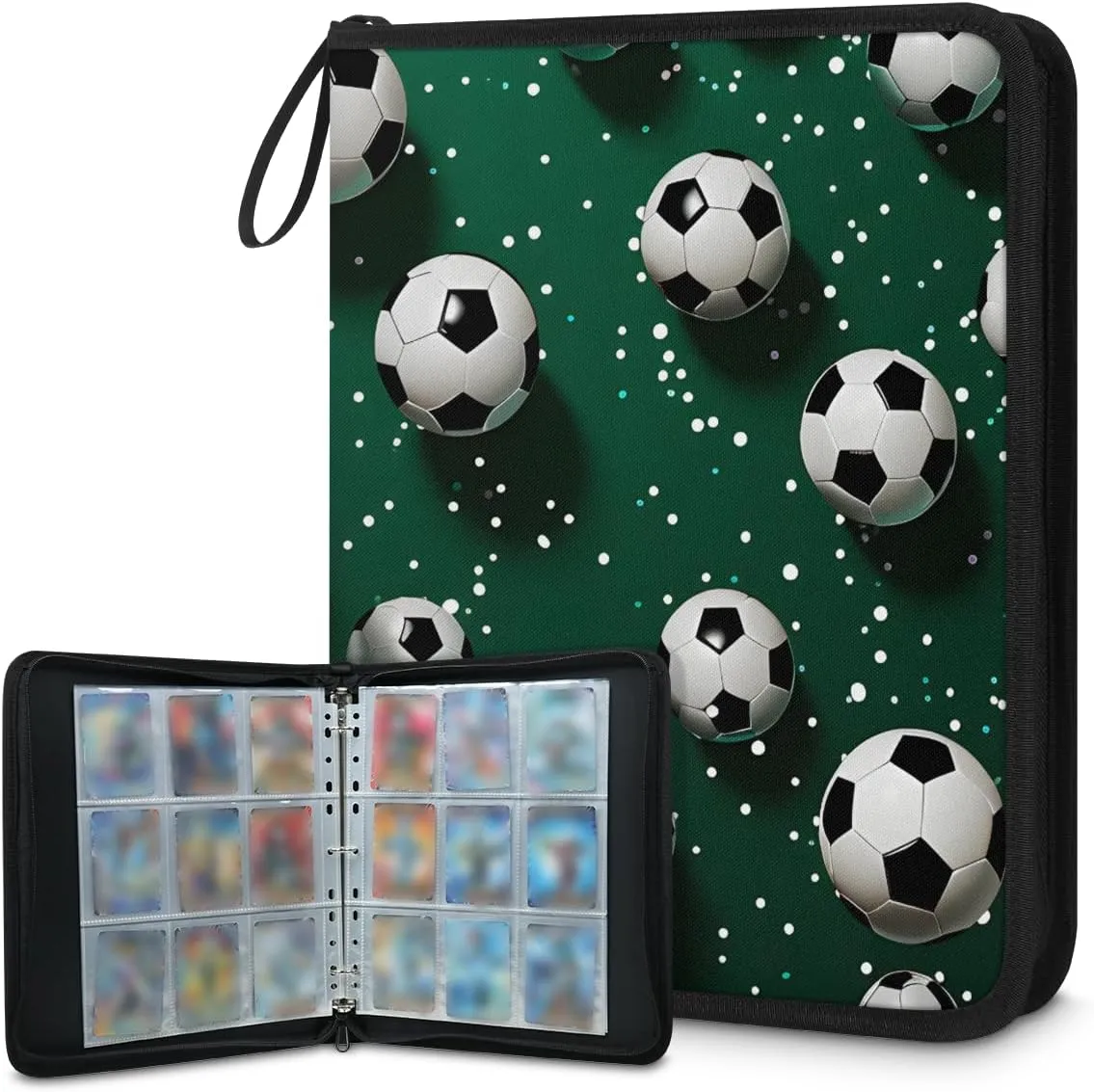 4 Pocket Card Binder, Colorful Soccer 400 Pockets Collector Album with Zipper Trading Card Binder, Glitter Soccer Double Sided Pocket Collection Binder
