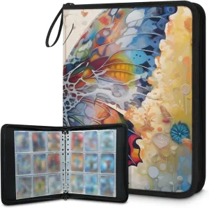 4 Pocket Card Binder, Dreamy Butterfly 400 Pockets Collector Album with Zipper Trading Card Binder, Oil Painting Butterfly Double Sided Pocket Collection Binder