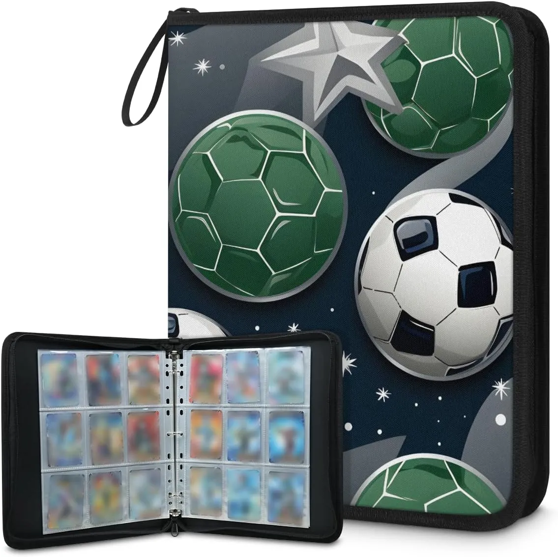 4 Pocket Card Binder, Graffiti Football 400 Pockets Collector Album with Zipper Trading Card Binder, Colorful Soccer Double Sided Pocket Collection Binder
