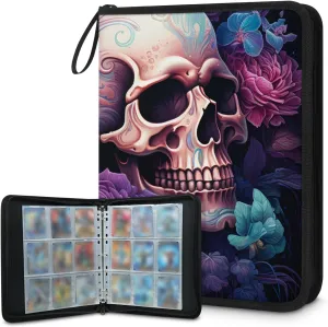 4 Pocket Card Binder, Neon Skull 400 Pockets Collector Album with Zipper Trading Card Binder, Colorful Flowers Double Sided Pocket Collection Binder