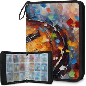 4 Pocket Card Binder, Oil Painting Guitar 400 Pockets Collector Album with Zipper Trading Card Binder, Double Sided Pocket Collection Binder