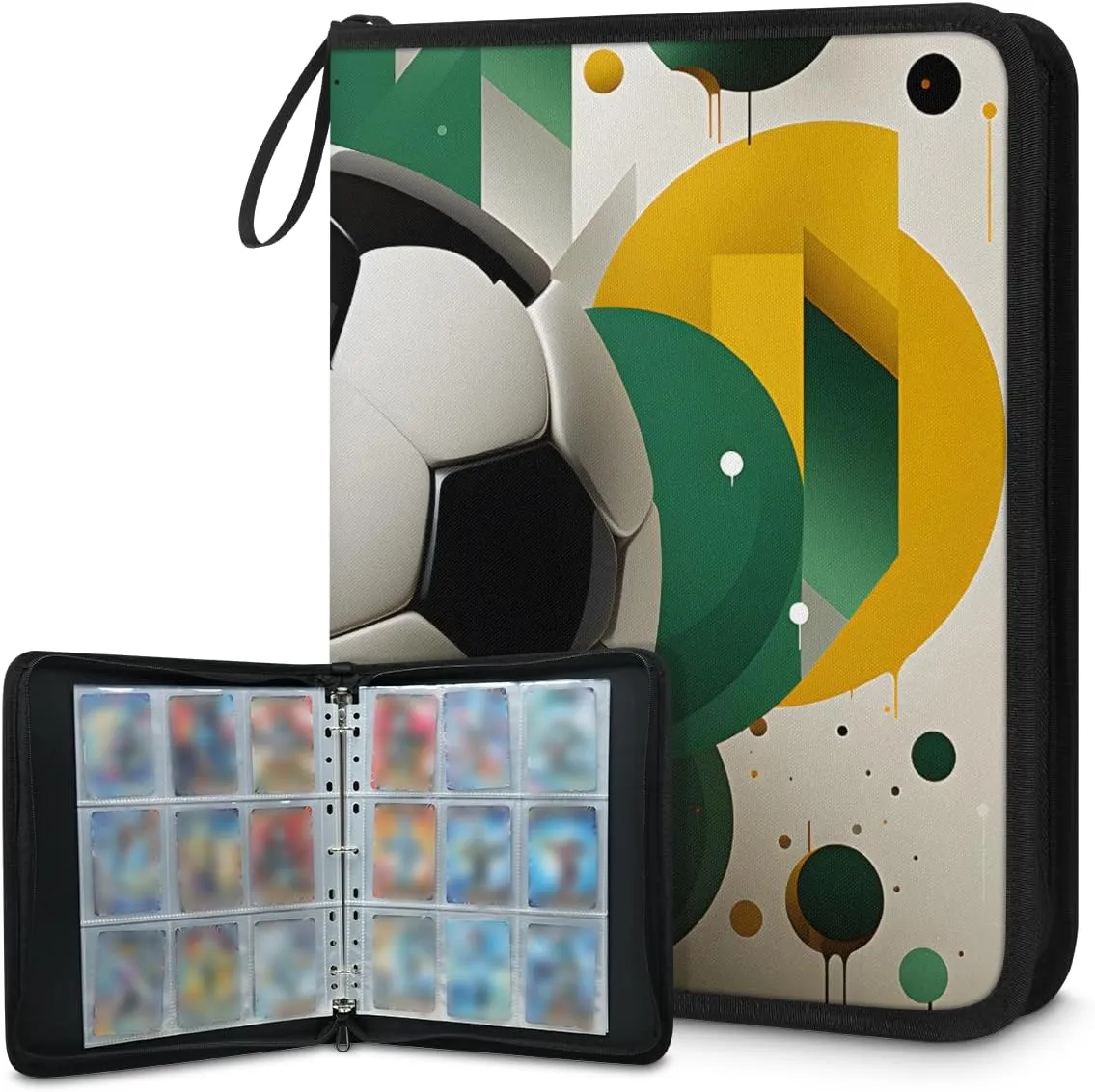 4 Pocket Card Binder, Oil Painting Soccer 400 Pockets Collector Album with Zipper Trading Card Binder, Colorful Soccer Double Sided Pocket Collection Binder