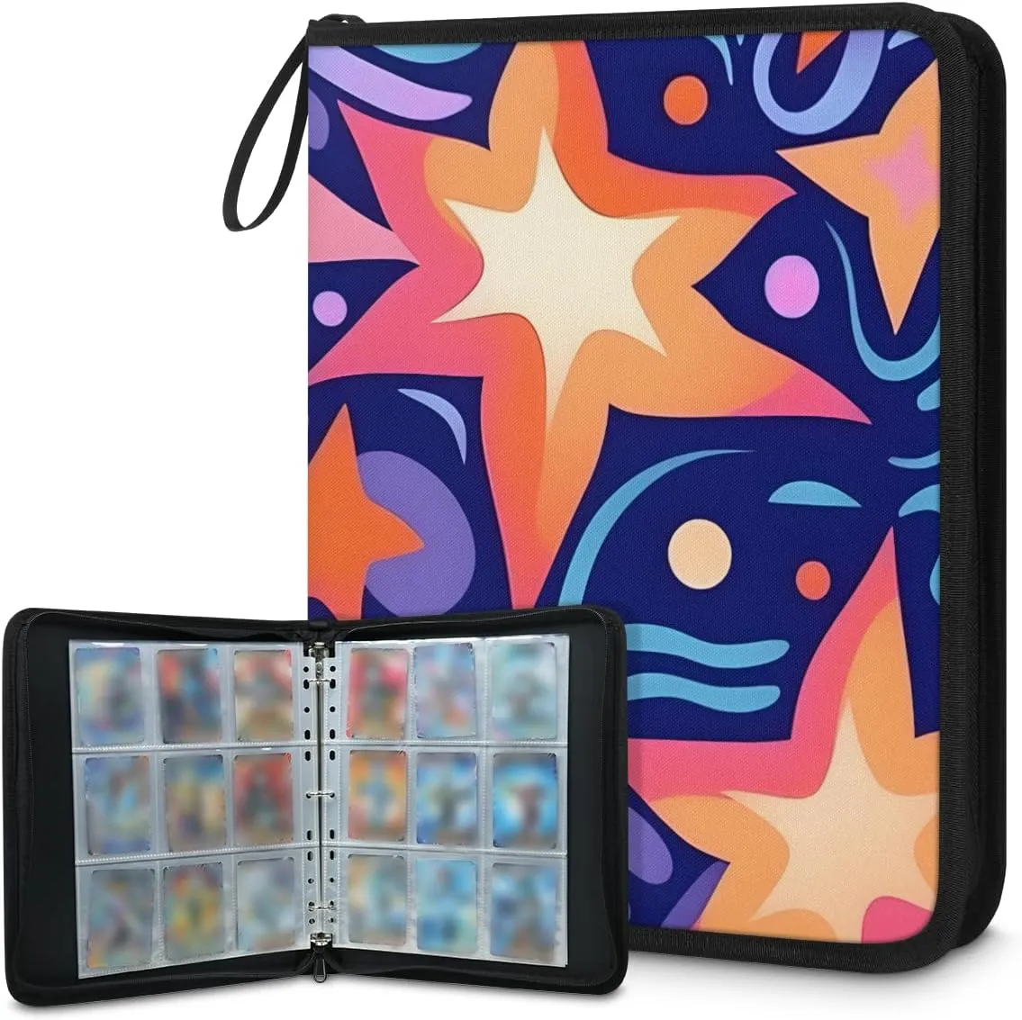 4 Pocket Card Binder, Retro Star 400 Pockets Collector Album with Zipper Trading Card Binder, Colorful Star Double Sided Pocket Collection Binder