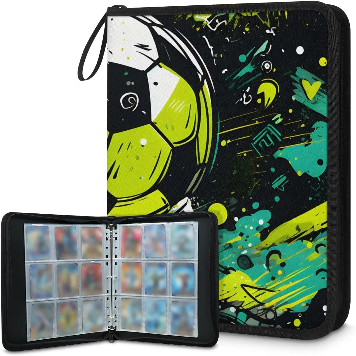 4 Pocket Card Binder, Soccer Painting 400 Pockets Collector Album with Zipper Trading Card Binder, Double Sided Pocket Collection Binder