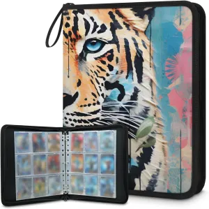4 Pocket Card Binder, Tiger 400 Pockets Collector Album with Zipper Trading Card Binder, Oil Painting Flower Double Sided Pocket Collection Binder