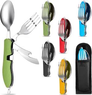 5 Pcs Folding Camping Utensils Cutlery Set 4-in-1 Stainless Steel Spoon Fork Knife Bottle Opener Set Detachable Tableware Pocket Kits Backpacking Cutlery Multitool, Red, Green, Black, Blue, Gold