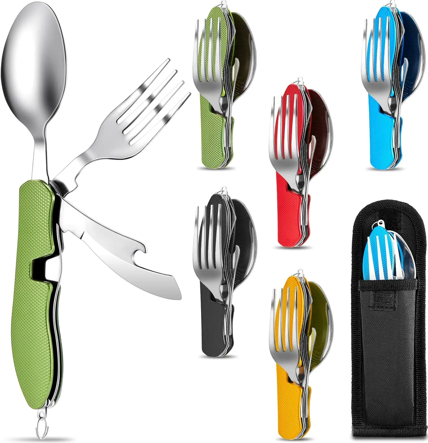 5 Pcs Folding Camping Utensils Cutlery Set 4-in-1 Stainless Steel Spoon Fork Knife Bottle Opener Set Detachable Tableware Pocket Kits Backpacking Cutlery Multitool, Red, Green, Black, Blue, Gold