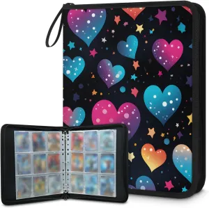 9 Pocket Card Binder, Colorful Heart Star 900 Pockets Collector Album with Zipper Trading Card Binder, Double Sided Pocket Collection Binder