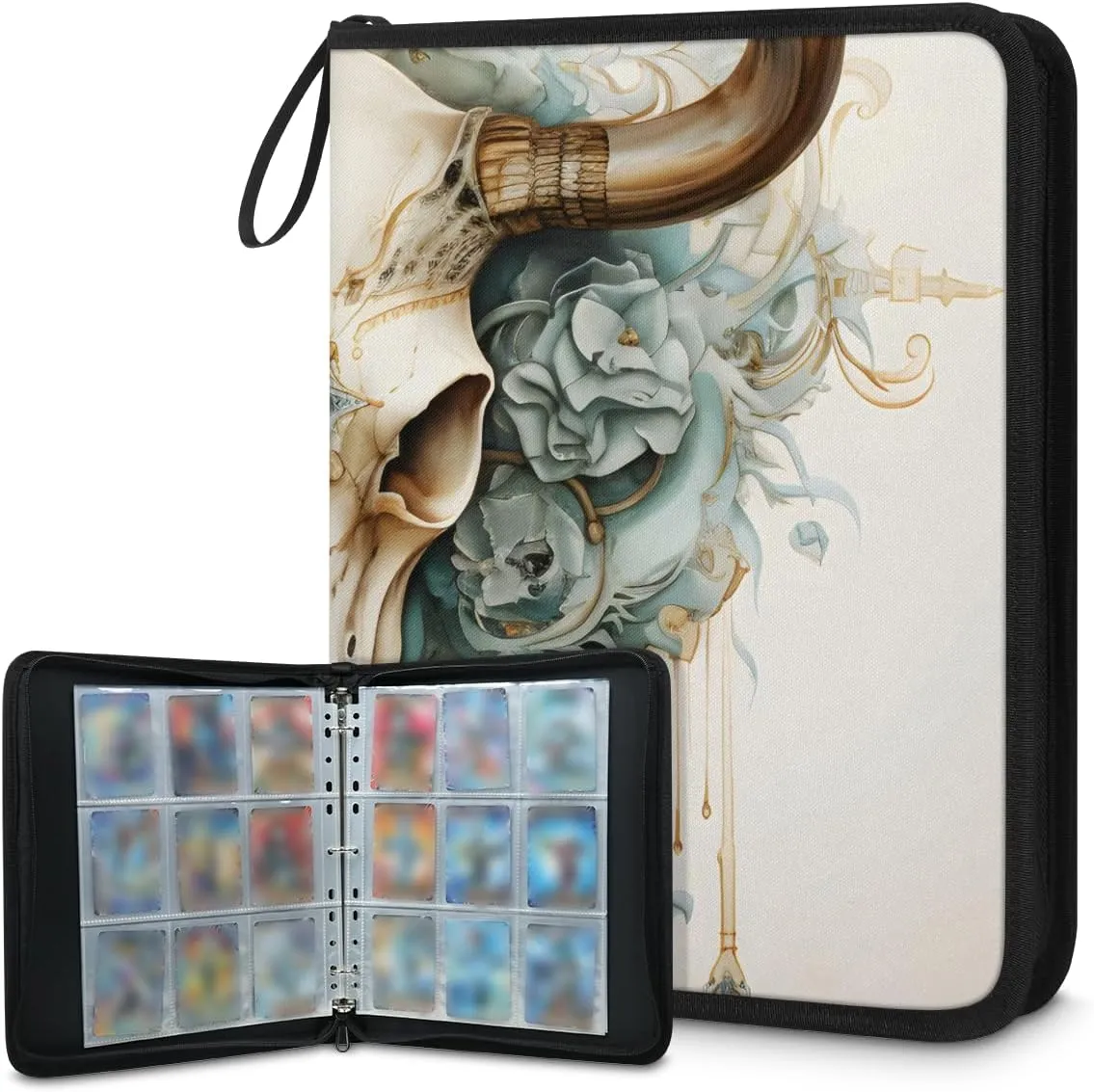 9 Pocket Card Binder, Goat Skull 900 Pockets Collector Album with Zipper Trading Card Binder, Colorful Flowe Double Sided Pocket Collection Binder