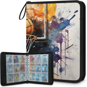 9 Pocket Card Binder, Watercolor Basketball 900 Pockets Collector Album with Zipper Trading Card Binder, Colorful Basketball Double Sided Pocket Collection Binder