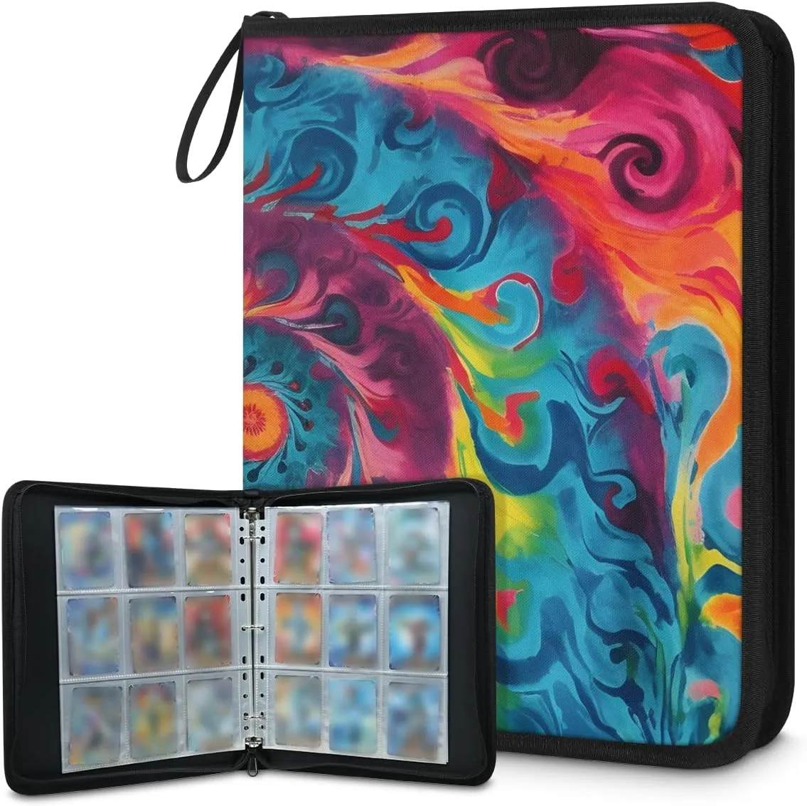 9 Pocket Card Binder, Watercolor Spray 900 Pockets Collector Album with Zipper Trading Card Binder, Colorful Explosion Double Sided Pocket Collection Binder