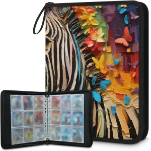 9 Pocket Card Binder, Zebra 900 Pockets Collector Album with Zipper Trading Card Binder, Oil Painting Zebra Double Sided Pocket Collection Binder