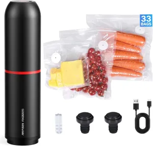 AIRMSEN Vacuum Sealer for Food with 33 PCS Reusable Bags and 2 PCS Vacuum Wine Sealer, Compact Vacuum Sealer Machine for Food Storage