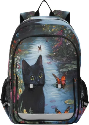 ALAZA Black Cats with Floral Butterfly School Backpacks Travel Laptop Bag Kids Bookbag for Girls Boys Teens Women Men