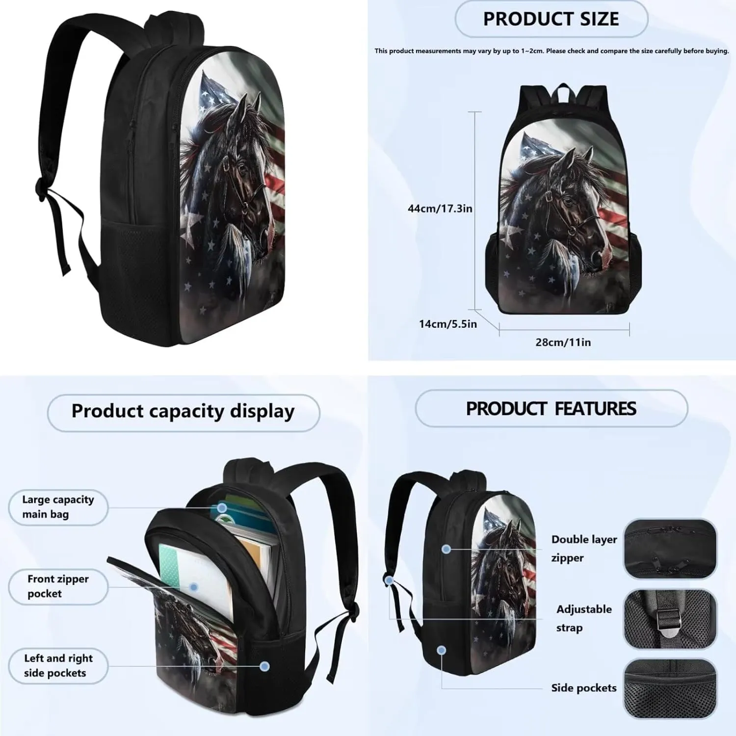 American Flag Horse Backpack for Boys Kids Backpack with Lunch Box and Soft Pencil Box 3PCS 17" Large Bookbag Set for School Teens Casual Daypack Backpacks Sturdy School Bag with Compartments