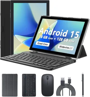 Android 15 Tablet 10 Inch, 18GB RAM 128GB ROM/2TB Expandable, 2 in 1 Tablets with Keyboard Case Mouse Stylus, 2.0GHz Quad-core Processor, 1280*800 IPS HD Screen, 5G WiFi 6 BT 5.0, 8MP Camera Tablet PC