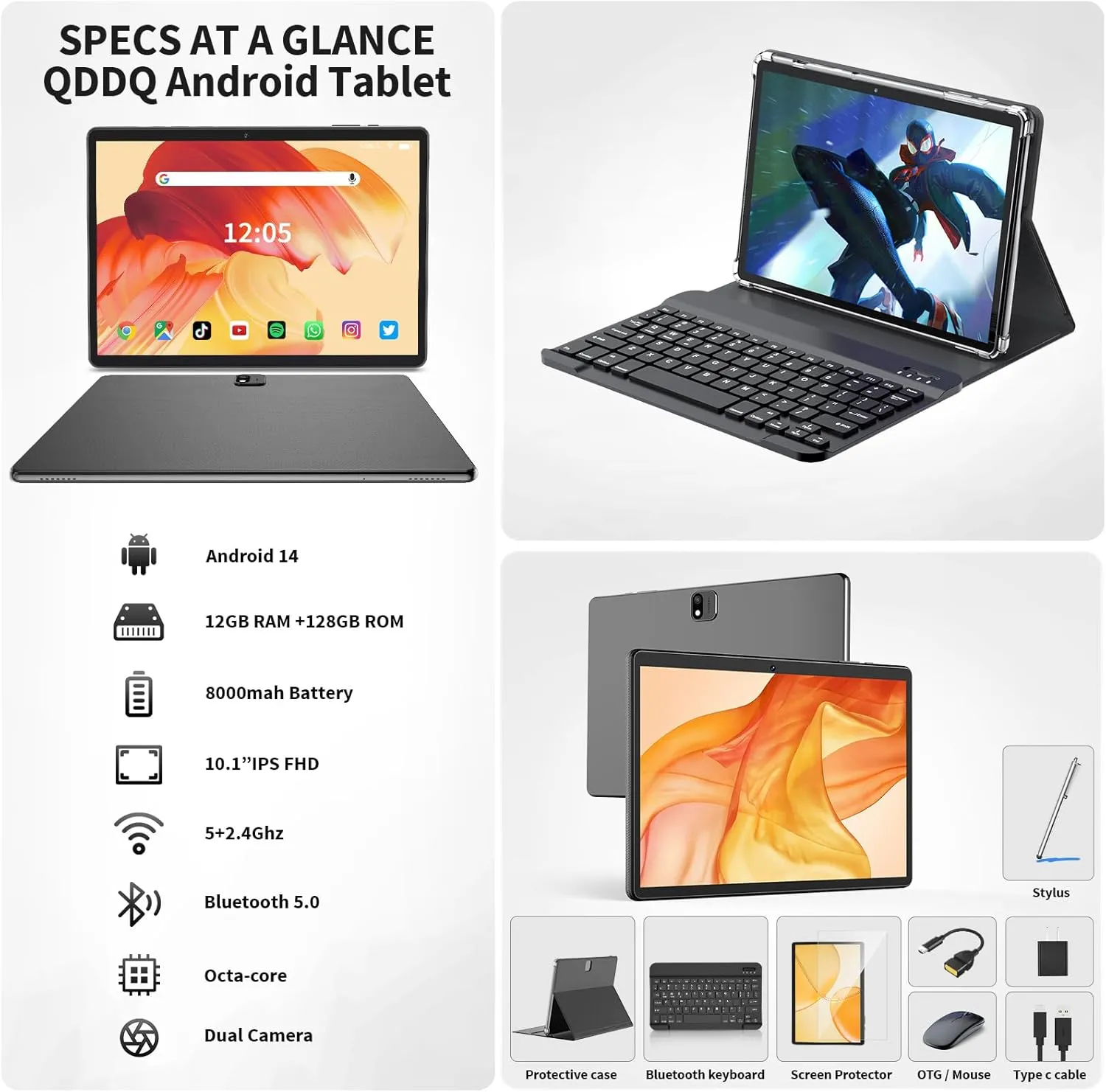 Android Tablet with Keyboard, Android 14 Tablet, 12(6 6) GB 128GB, 1TB Expand, 2 in 1, Mouse, Stylus, 8000mAh Battery, 2.4G/5G WiFi, GPS, Green Case