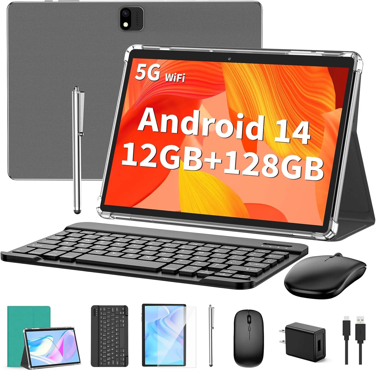 Android Tablet with Keyboard, Android 14 Tablet, 12(6 6) GB 128GB, 1TB Expand, 2 in 1, Mouse, Stylus, 8000mAh Battery, 2.4G/5G WiFi, GPS, Green Case