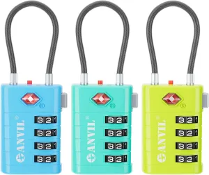 ANVIL 4 Digit Luggage Locks, TSA Locks for Luggage, Advanced TSA008 core, Alert Indicator for Your Travel Lock, Suitcase Lock.(3, 3 Colors)