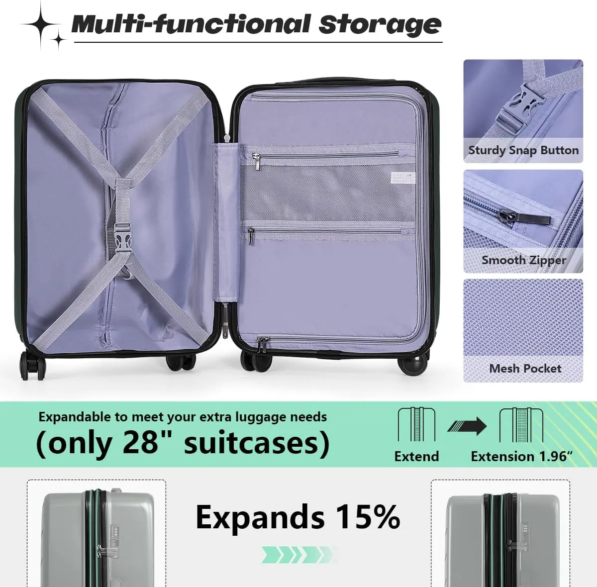 AnyZip Luggage Set 2 Piece Suitcase Set Carry On with Pocket Compartment ABS PC Spinner Wheels TSA Lock
