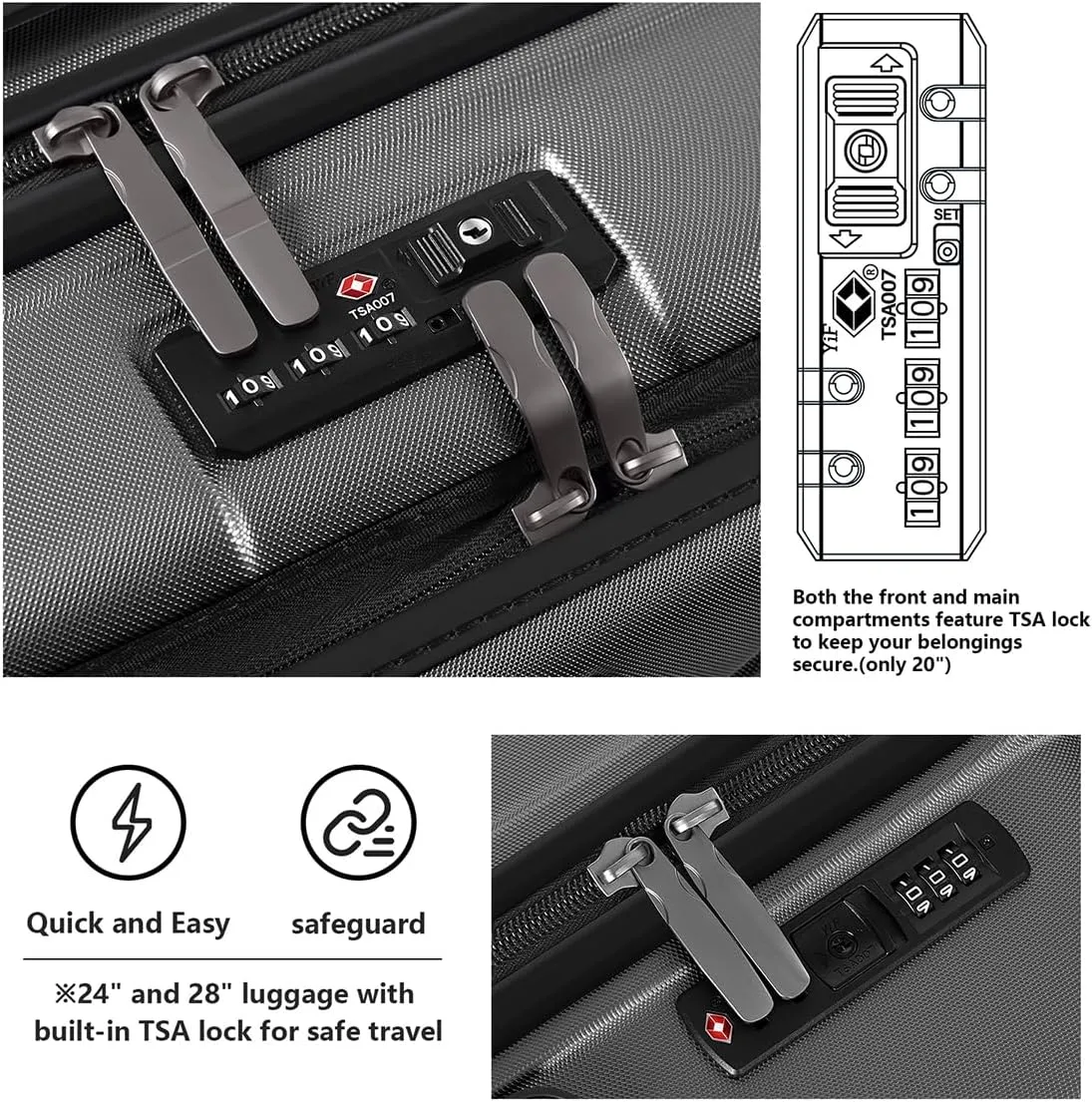 AnyZip Luggage Set Carry On Luggage Expandable (only 28") Suitcase with Compartment (only 20") PC ABS Spinner 20in 24in 28in Carry on Suitcase