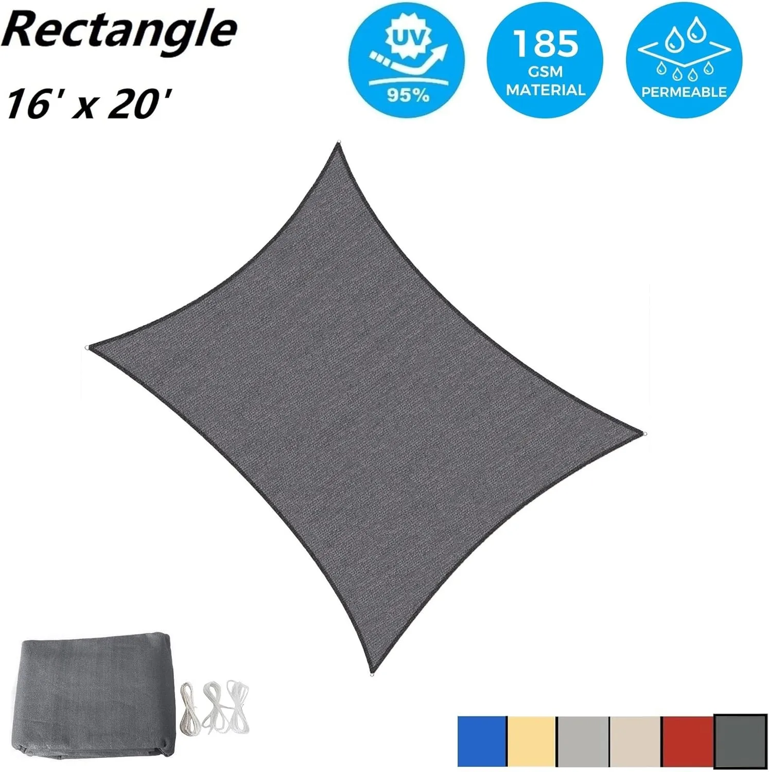AsterOutdoor Sun Shade Sail Rectangle 16' x 20' UV Block Canopy for Patio Backyard Lawn Garden Outdoor Activities, Graphite