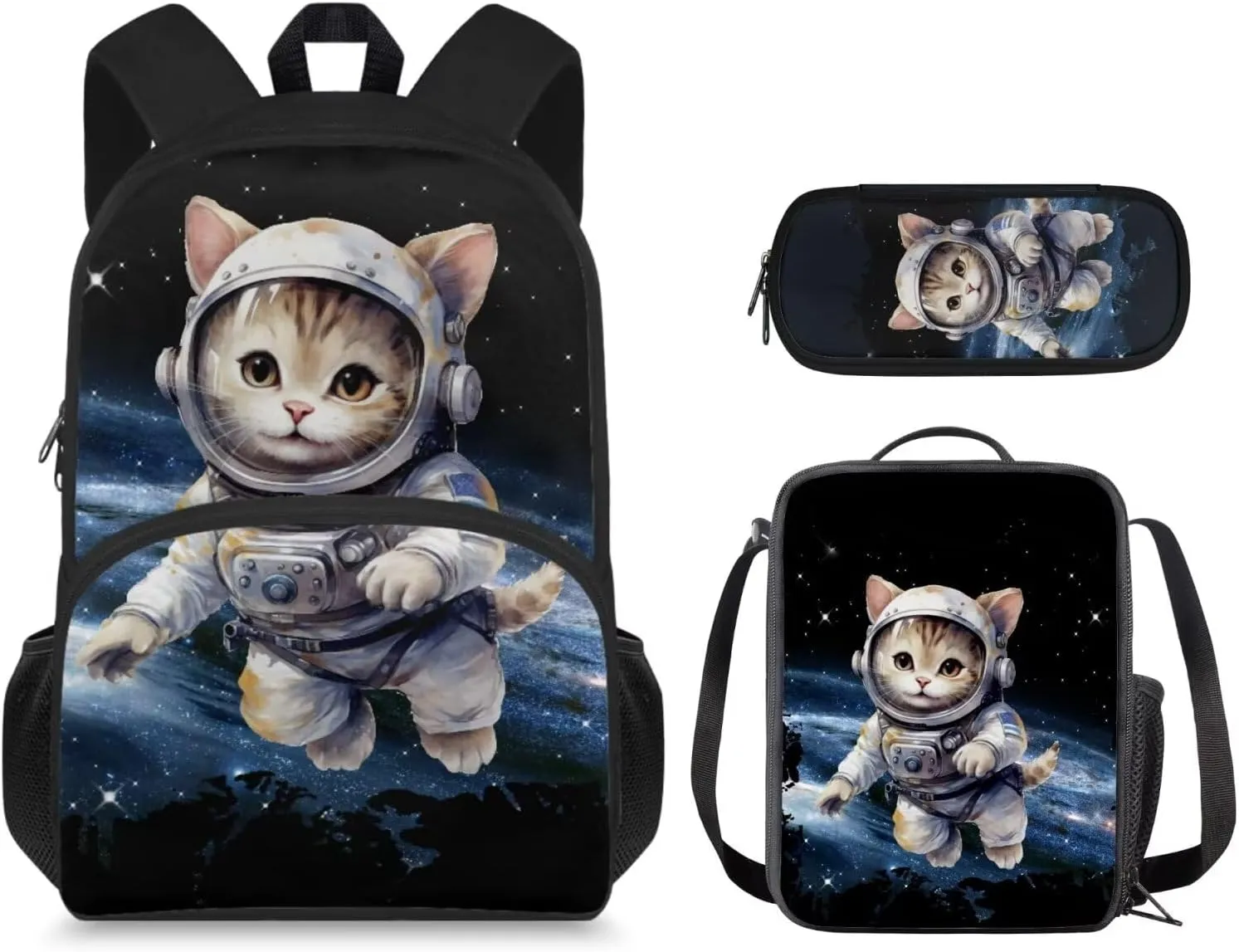 Astronautical Cat School Bag Set for Grils 4Th Grade Kids School Backpack with Lunch Box for Boys 3 In 1 Kids Backpack Set for School Fashion Travel Back Pack for Junior High School