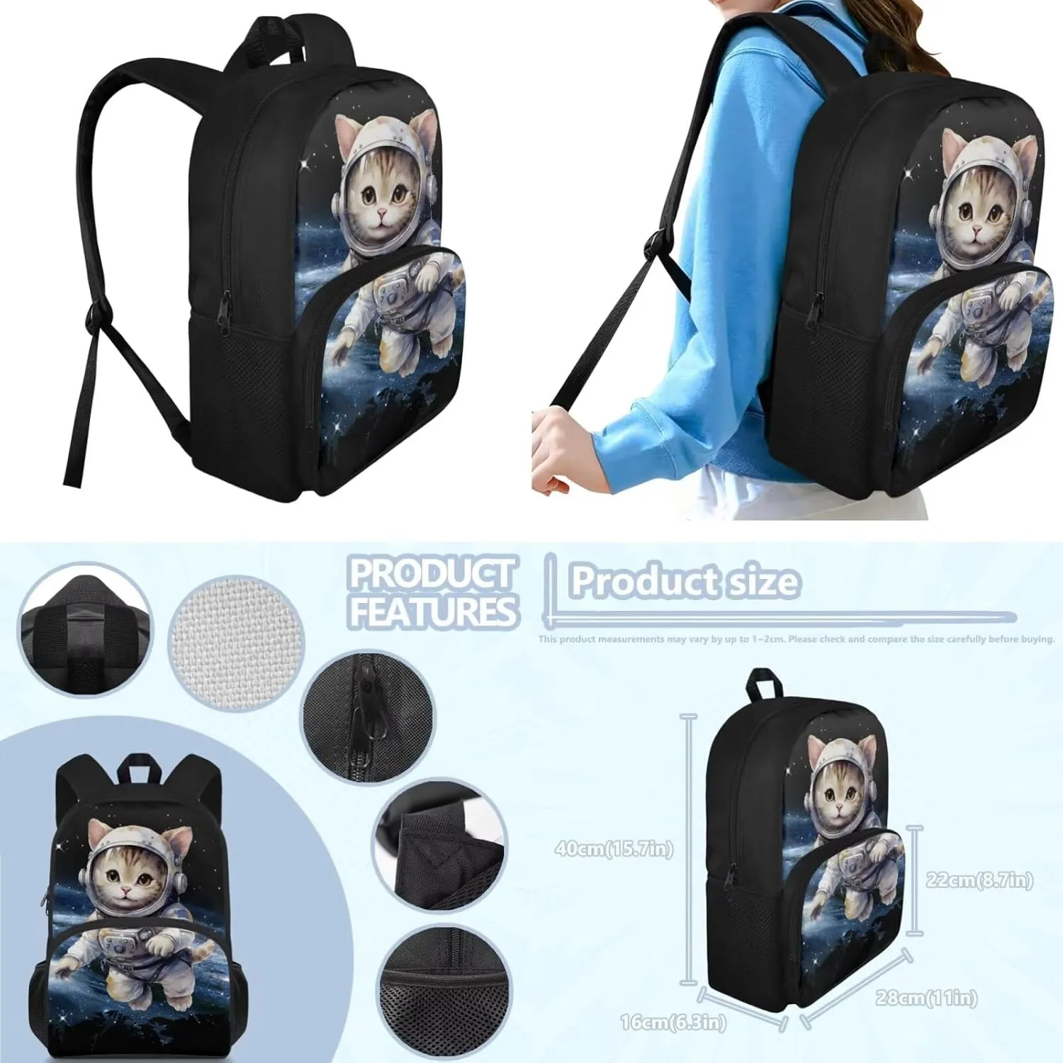 Astronautical Cat School Bag Set for Grils 4Th Grade Kids School Backpack with Lunch Box for Boys 3 In 1 Kids Backpack Set for School Fashion Travel Back Pack for Junior High School