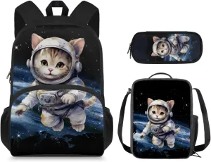 Astronautical Cat School Bag Set for Grils 4Th Grade Kids School Backpack with Lunch Box for Boys 3 In 1 Kids Backpack Set for School Fashion Travel Back Pack for Junior High School