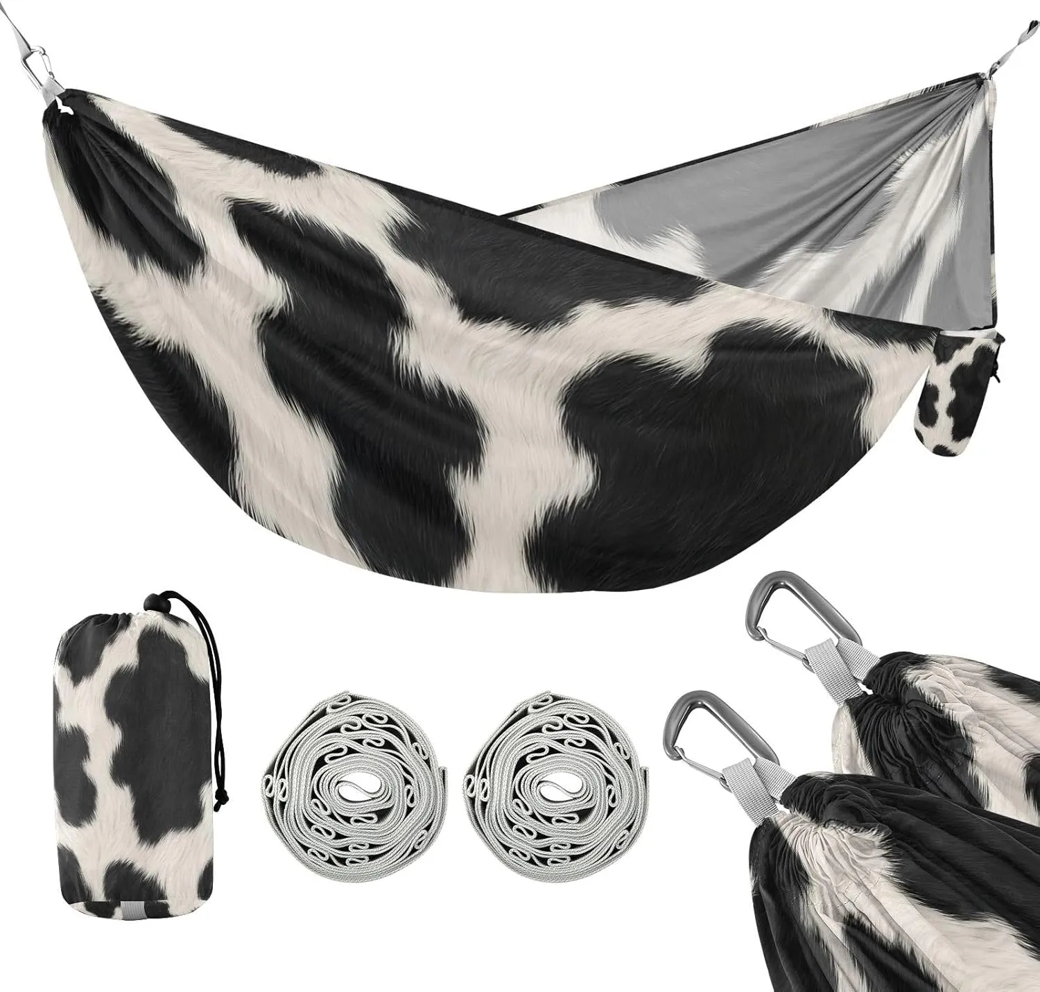 ATTX Black and White Cow Camping Hammock - Lightweight & Portable Hammocks, Heavy Duty 330lbs Capacity for Indoor, Hiking, Backpacking, Travel, Backyard, Beach#153